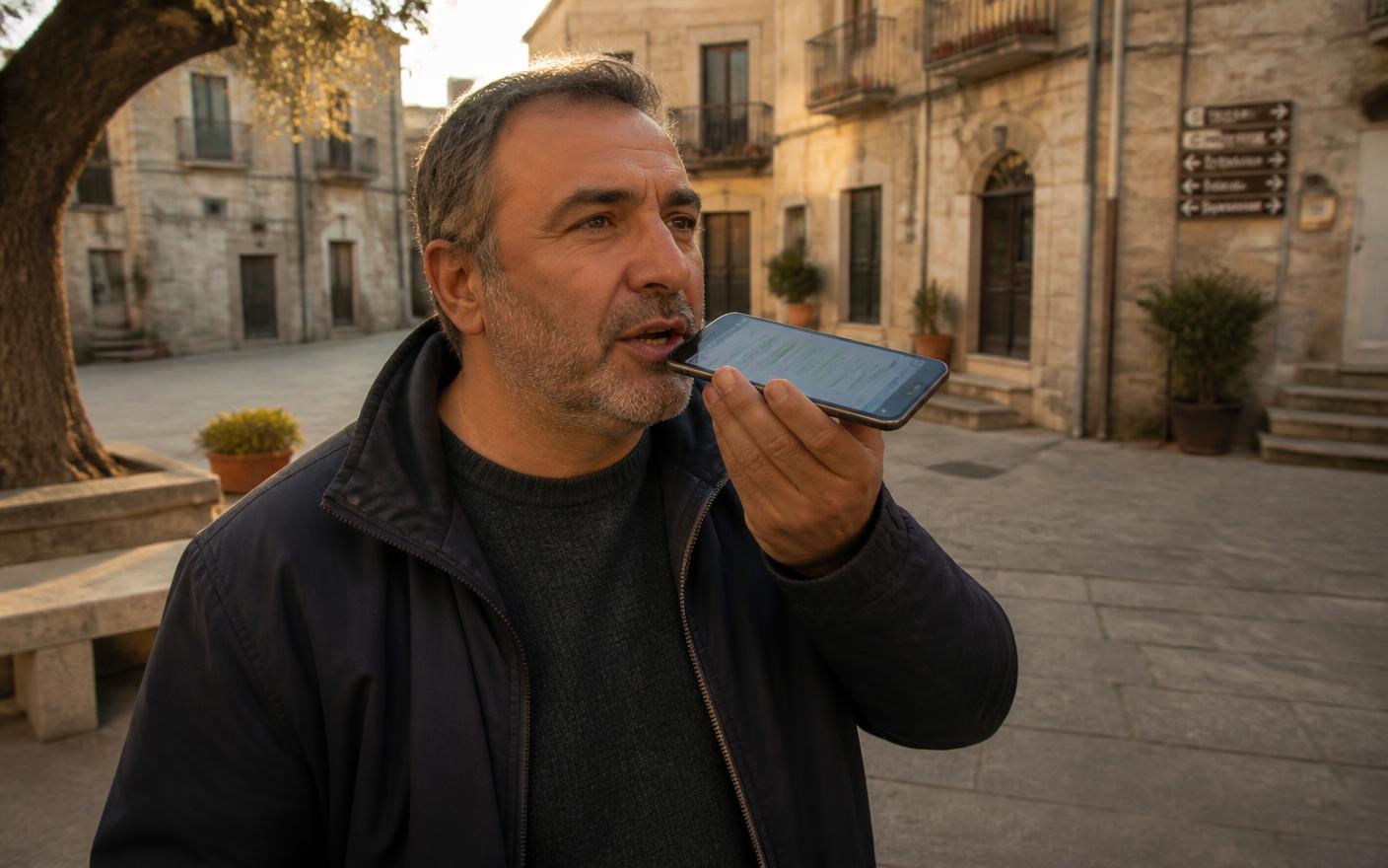 Visitatore parla con l'Agente AI BorgoBo dal suo smartphone