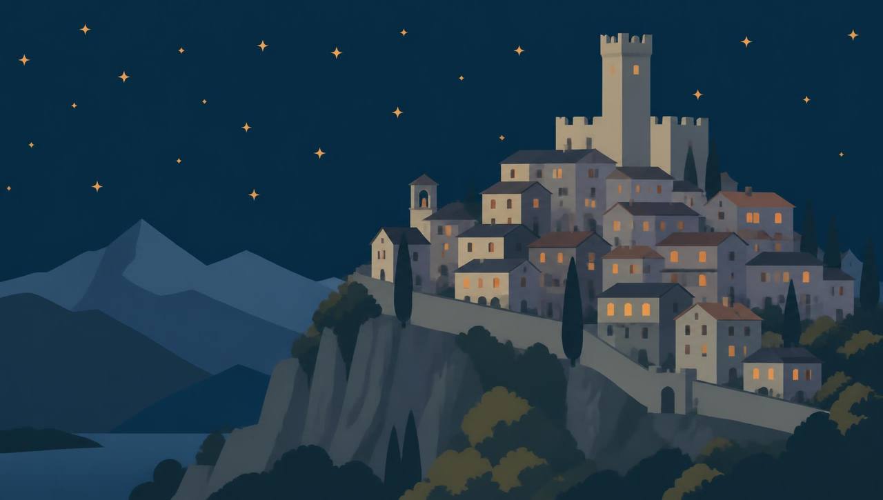 Un borgo italiano arroccato sulla rupe, di notte, con le finestre accese