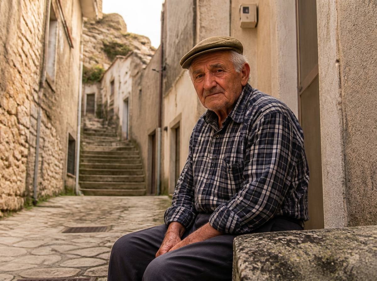 Un anziano di Muro Lucano seduto su una panchina di pietra in un vicolo del borgo