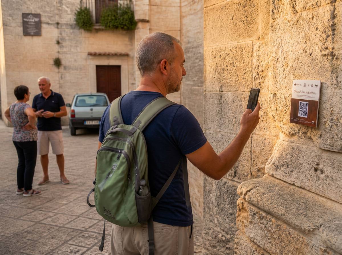Un visitatore inquadra con il telefono il QR code affisso su un muro nella piazza del borgo