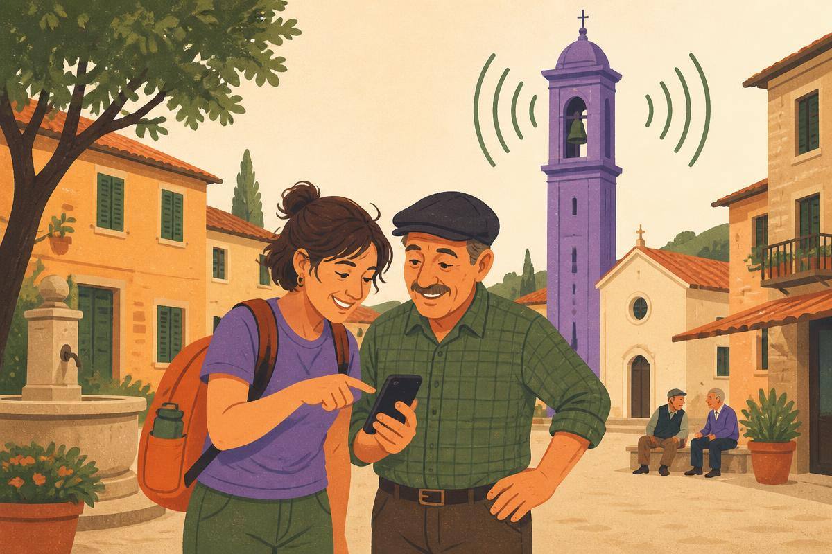 Un visitatore e un abitante consultano l'app nella piazza del borgo